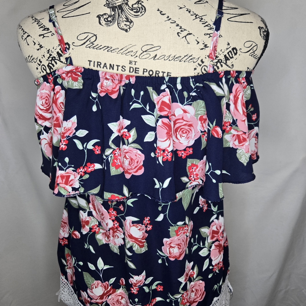 No Boundaries Navy Floral Off-Shoulder Ruffle Top with Pink Roses - Picture 4 of 5